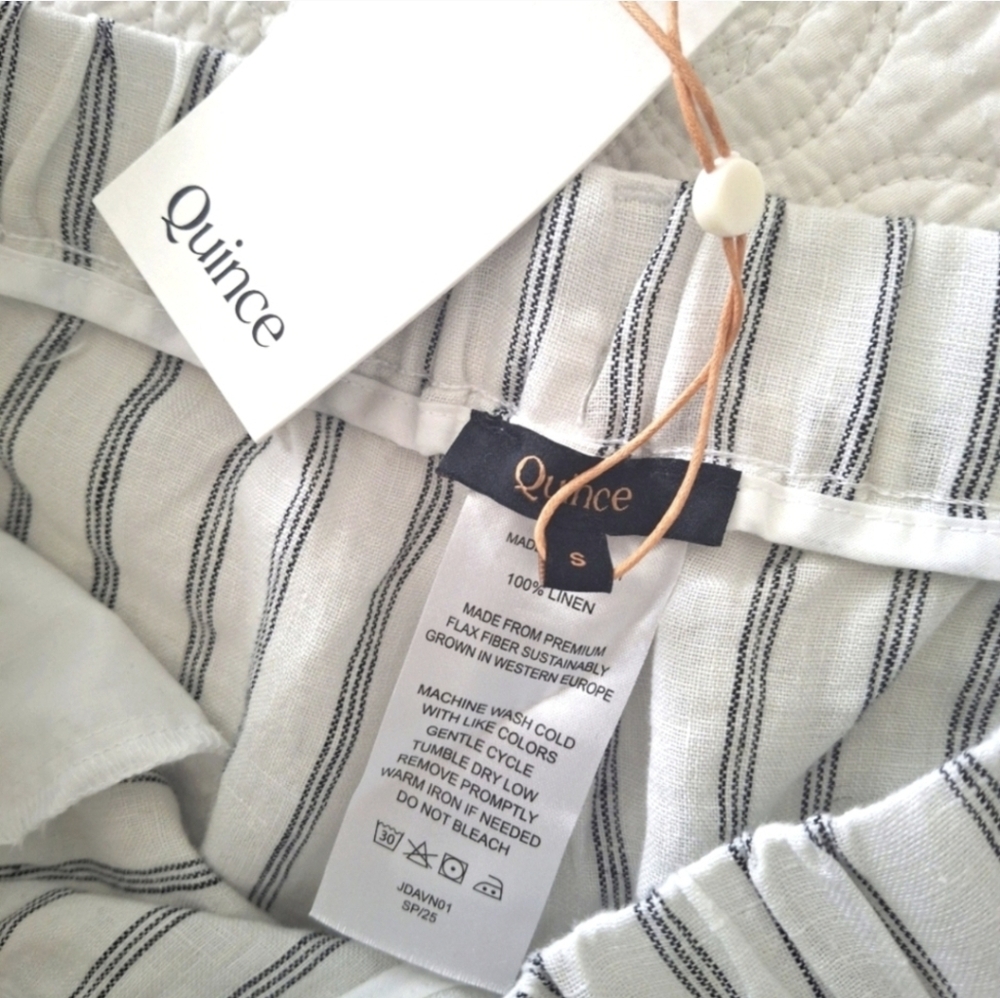Quince S NWT 100% Linen Striped Pants Tapered Ankle Cream Black - Picture 7 of 7